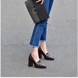 FOWT Brown Closed Almond Toe Pumps Chunky Block High Heels Loafers